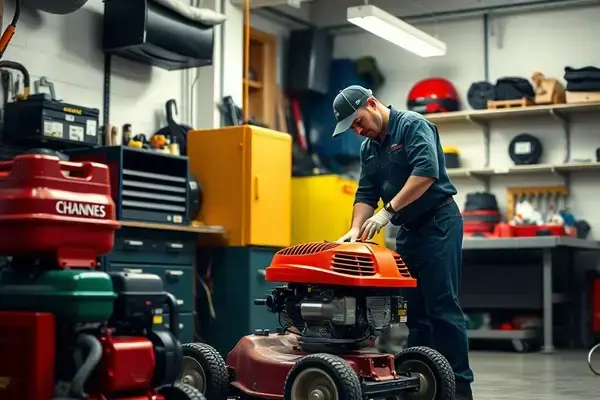 Professional small engine repair workshop with lawn mower and generator equipment